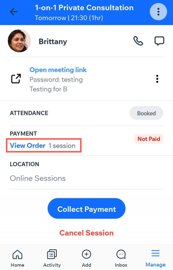 A screenshot showing how to view the order for an appointment so you can mark it as paid.