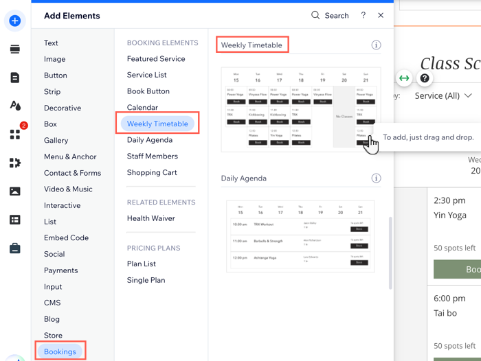 Screenshot showing how to add a weekly timetable to your site in the editor.