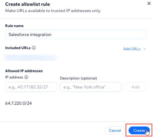 Captura de pantalla que muestra una dirección IP incluida en la lista blanca en el panel de control de Enterprise.