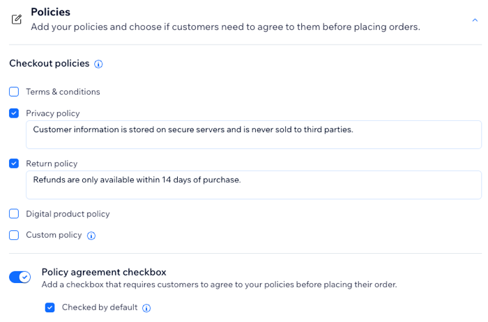 A screenshot showing how to enable different checkout policies in the checkout settings section of the dashboard.