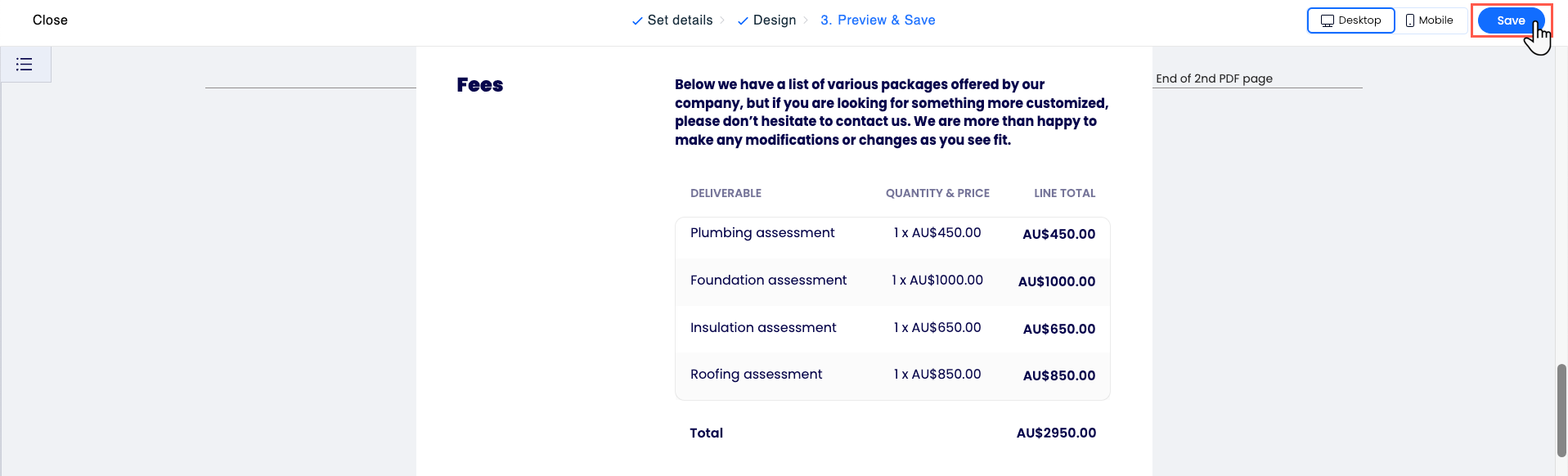 A screenshot showing how to save updates to a proposal template.