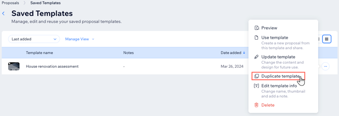 A screenshot showing how to duplicate an existing proposal template.