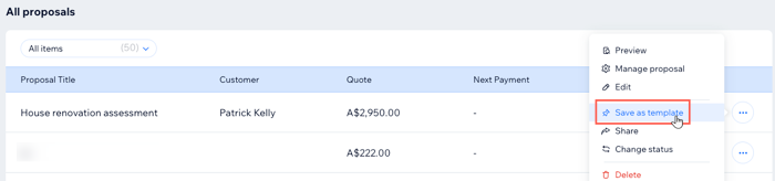 A screenshot showing how to save an existing proposal as a template.