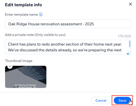 A screenshot showing how to edit a proposal template's info.