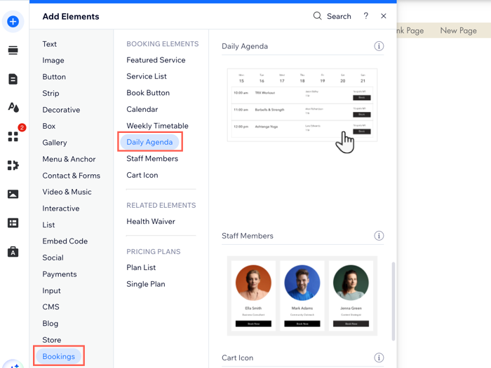 A screenshot showing how to add a Daily Agenda to a page in Wix Editor.