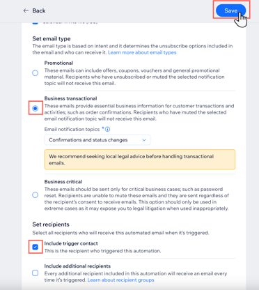 A screenshot showing how to set the email type and set the recipients for your Wix Bookings automated emails.