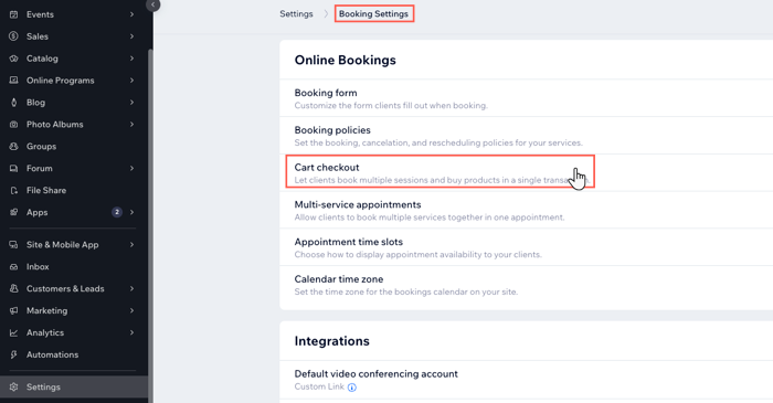 Uma captura de tela mostrando como acessar as configurações de checkout com carrinho no painel de controle.