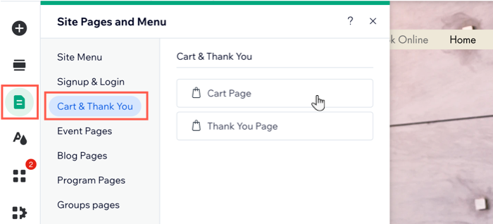 A screenshot showing how to access the cart page in the Wix Editor.