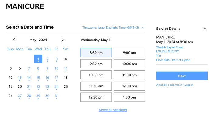 Captura de pantalla que muestra un calendario de reservas con intervalos de 30 minutos entre citas.