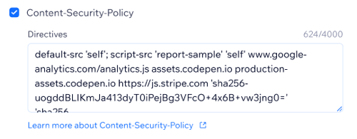 A screenshot showing how to input your content security policy directives in the Wix Enterprise dashboard.