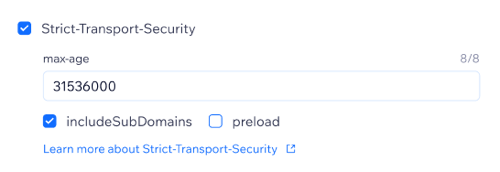 A screenshot showing how to configure the strict transport security header.