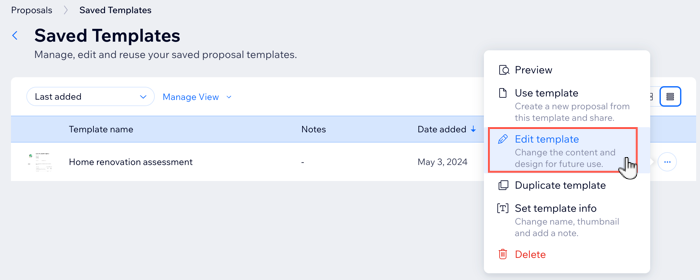 A screenshot showing how to update an existing proposal template.