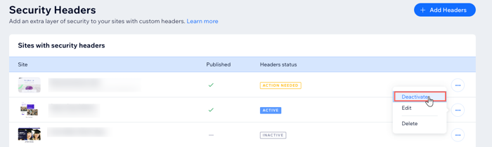 A screenshot showing how to deactivate a security header in the Enterprise dashboard.