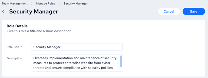 A screenshot showing an example of creating a Security Manager custom role in the Enterprise dashboard.