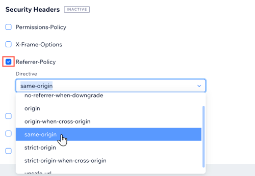 A screenshow showing how to select the relevant directive for the referrer policy.