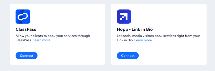 Screenshot, der die Integrationen von ClassPAss und Hopp für Wix Bookings zeigt