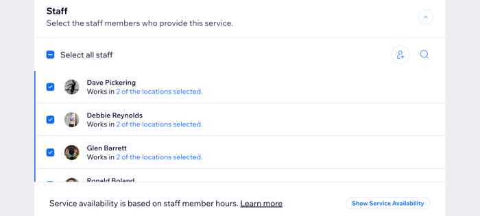 A screenshot showing selected staff members and where to show service availability.