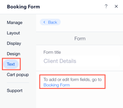 A screenshot showing how to edit the text on your booking form.