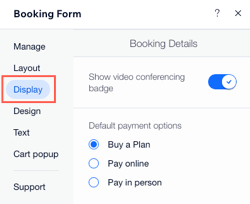 A screenshot showing how to select the display options for the booking form.