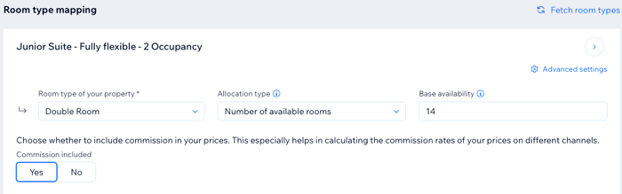 A screenshot showing how to set room type, allocation type, base availability and commission in the channel manager.