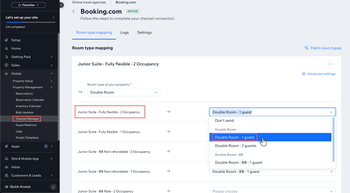 A screenshot showing how to map your room types from Booking.com and Wix Hotels by HotelRunner in the Channel Manager.