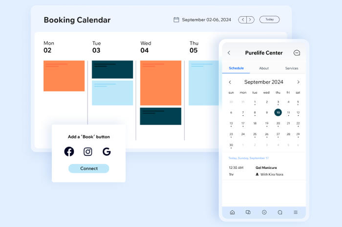 A screenshot showing the booking calendar and several options for adding book buttons to social media profiles.