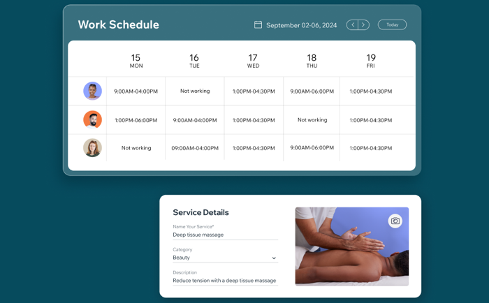 A screenshot showing the work schedule with staff members' hours and an example of the service details clients see.