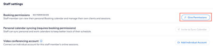 Screenshot showing how to invite a staff member to sync their personal calendar in the staff tab in the dashboard.