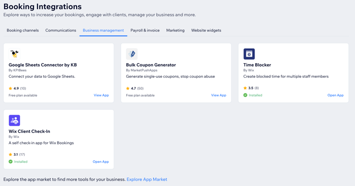 A screenshot showing several business management integrations available for Wix Bookings.