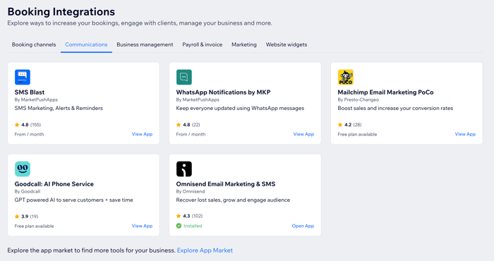 Een screenshot met verschillende communicatie-integraties die beschikbaar zijn voor Wix Bookings.