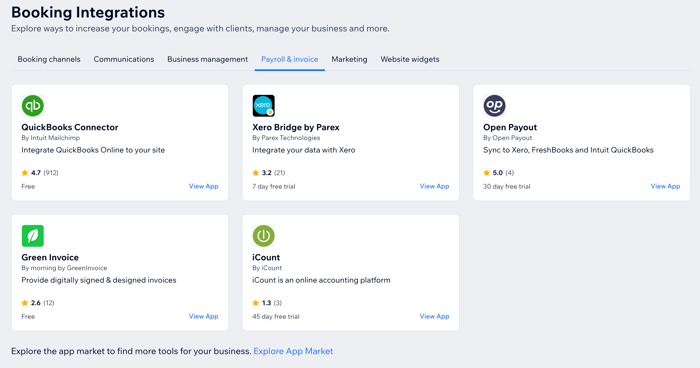 Een screenshot met verschillende boekhoudintegraties die beschikbaar zijn voor Wix Bookings-websites.