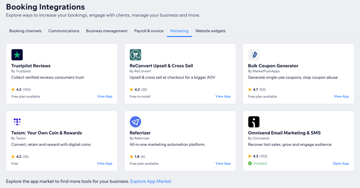Een screenshot met verschillende marketing- en automatiseringsintegraties die beschikbaar zijn voor Wix Bookings-websites.