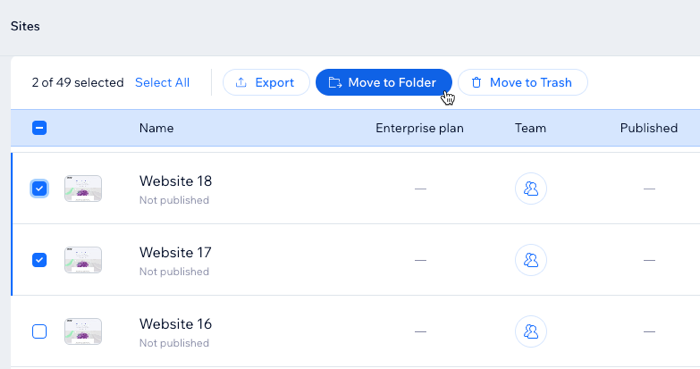 A screenshot of selecting sites to move to a folder.
