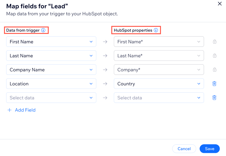 Mapping fields related to a Wix Forms entry, and matching them with relevant HubSpot properties.