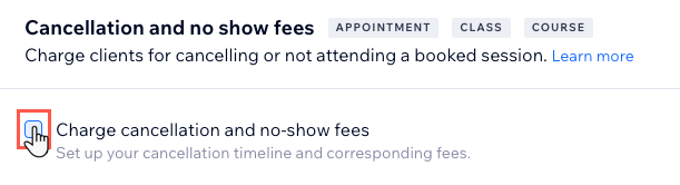 A screenshot showing the charge cancellation and no-show fee checkbox in a booking policy.