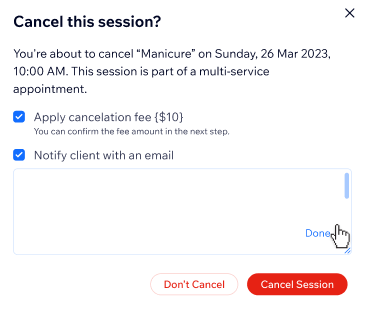 A screenshot showing the option to apply a fee when cancelling an appointment for a client.