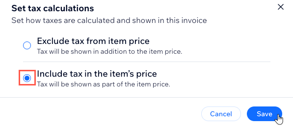 A screenshot showing the options to incliude or exclude tax from an item's price when creating a new invoice.