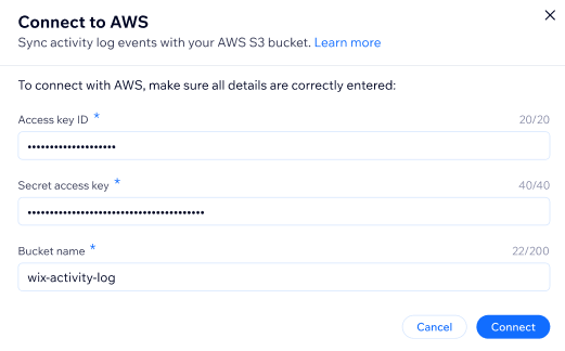 A screenshot showing how to connect your activity log to your AWS S3 bucket in the enterprise dashboard.