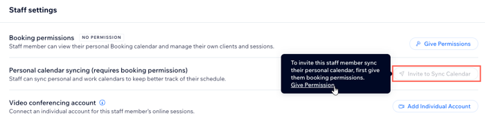A screenshot showing how to give a staff member the necessary permissions before they can sync their personal calendar.
