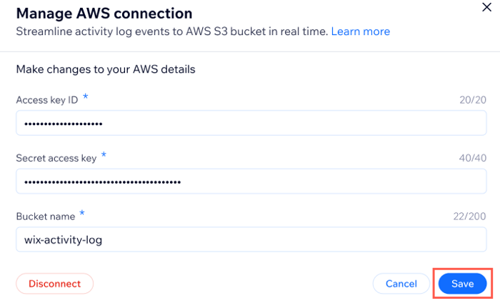 A screenshot showing how to enter new AWS credentials in the activity log of the enterprise dashboard.