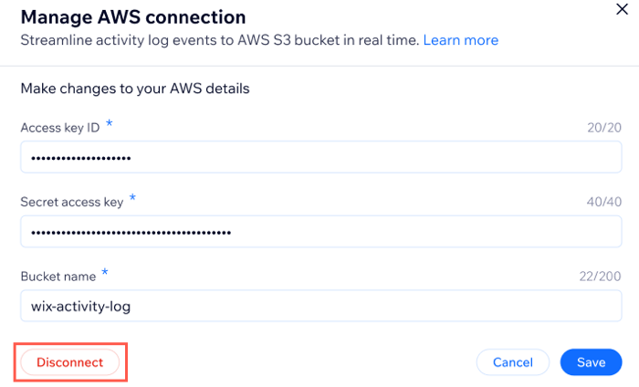 A screenshot showing how to disconnect yourn organization's activity log from the AWS S3 bucket.