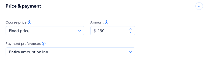 A screenshot showing how to set a fixed price for a course in the price and payment section of the service creation form.