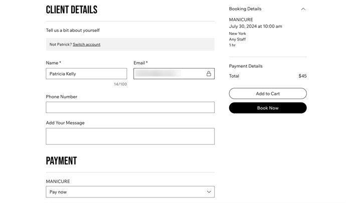 A screenshot showing an example of a booking form.