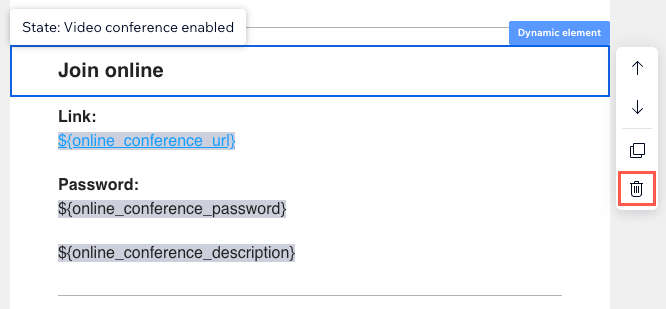 A screenshot showing how to delete the video conferencing elements from an automated email.