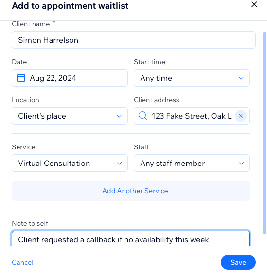 A screenshot showing how to add a client to the appointment waitlist.