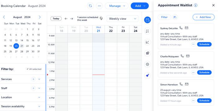 A screenshot showing the appointment waitlist in the booking calendar in the dashboard.