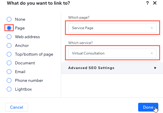 A screenshot showing an example of how to link a button to one of a site's service pages in Studio Editor.