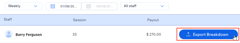 A screenshot showing how to export the the payroll breakdown for a single staff member.