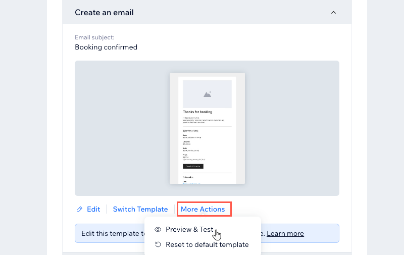 A screenshot showing how to send a test email in the Email automations section of booking settings.