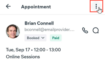 A screenshot showing the more actions icon on an appointment in the Booking calendar on the Wix app